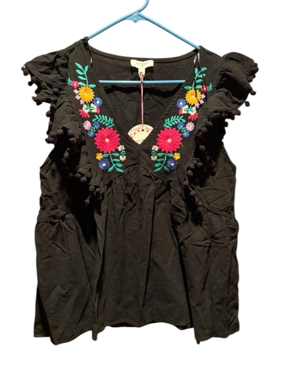 Umgee Black Embroidered Floral V-Neck Pom-Pom Sleeve Top - Picture 2 of 4